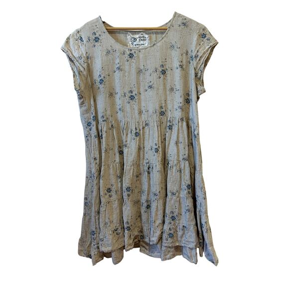 Hearts Desire Mary Grace Linen Mini Dress Sz XL Gray Blue Floral Tiered Cottage - Picture 1 of 9